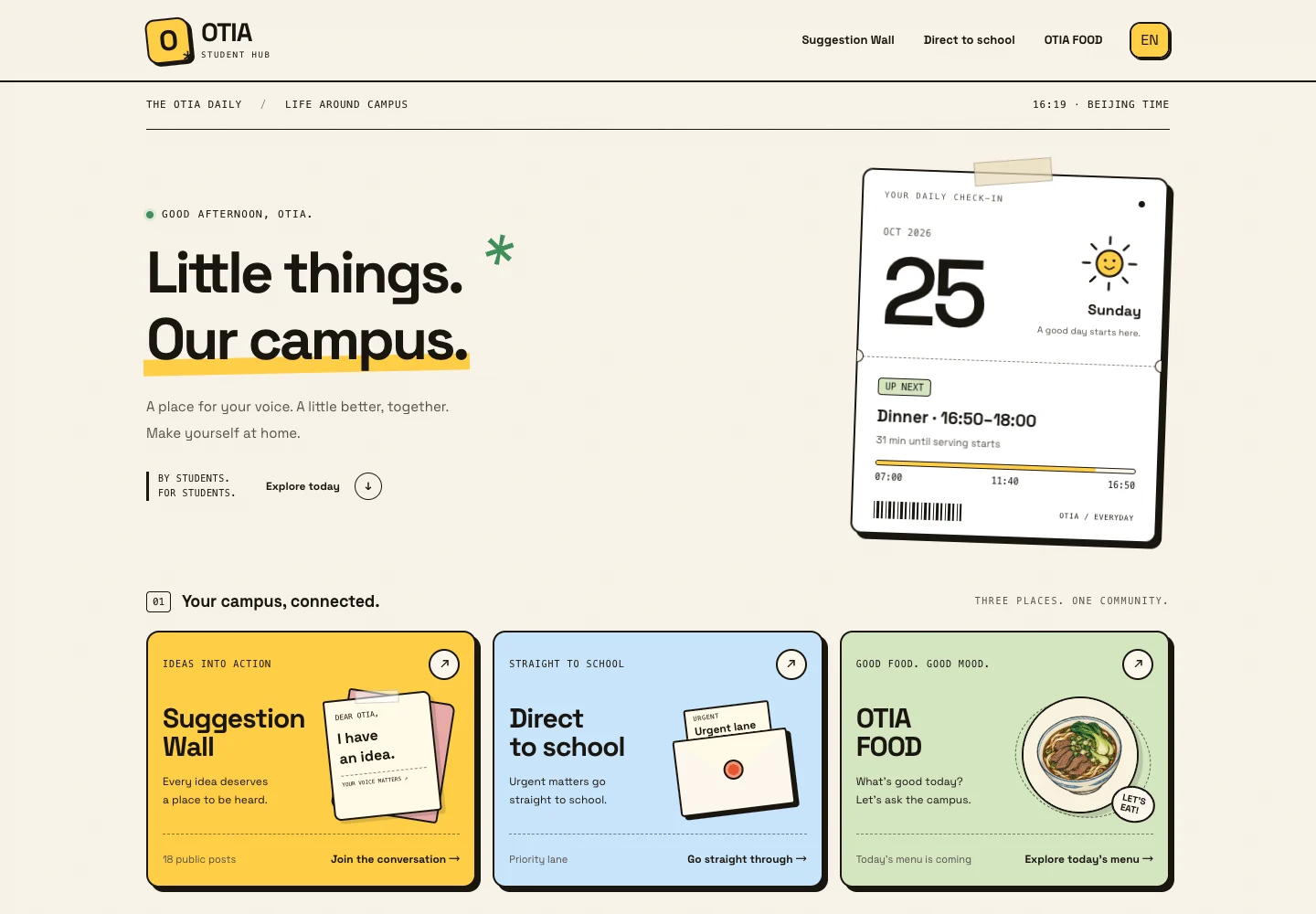 The OTIA Student Hub homepage, with student voice, direct-to-school, and food sections