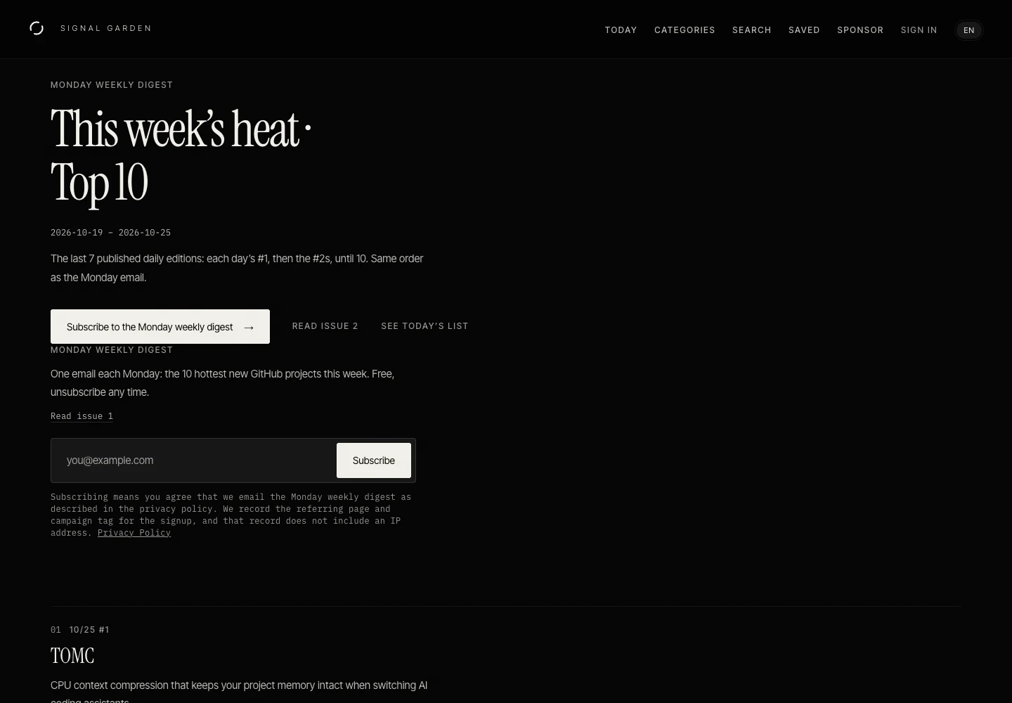 The Signal Garden weekly top ten interface